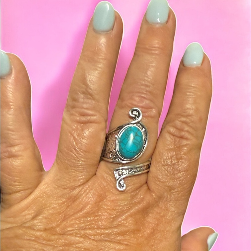 Vintage Asymmetrical Turquoise Adjustable Open Ring